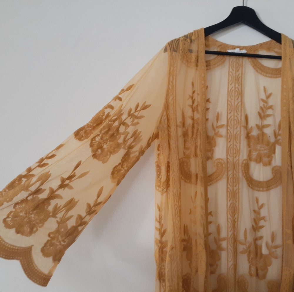 Long mustard lace duster cover up hippie bohemian shawl